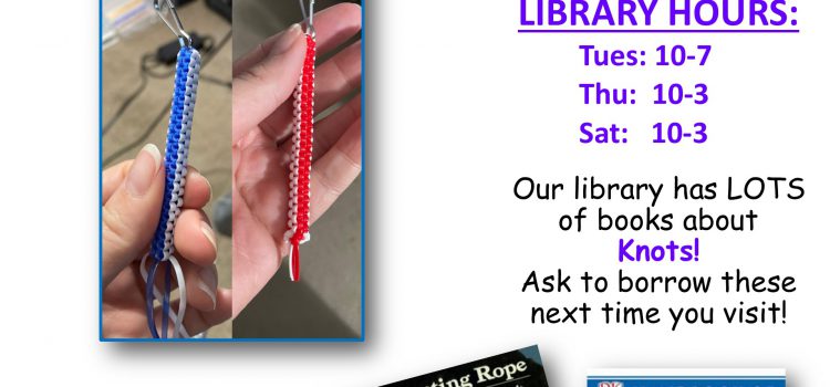 Poster displaying boondoggle craft example and two books about knots