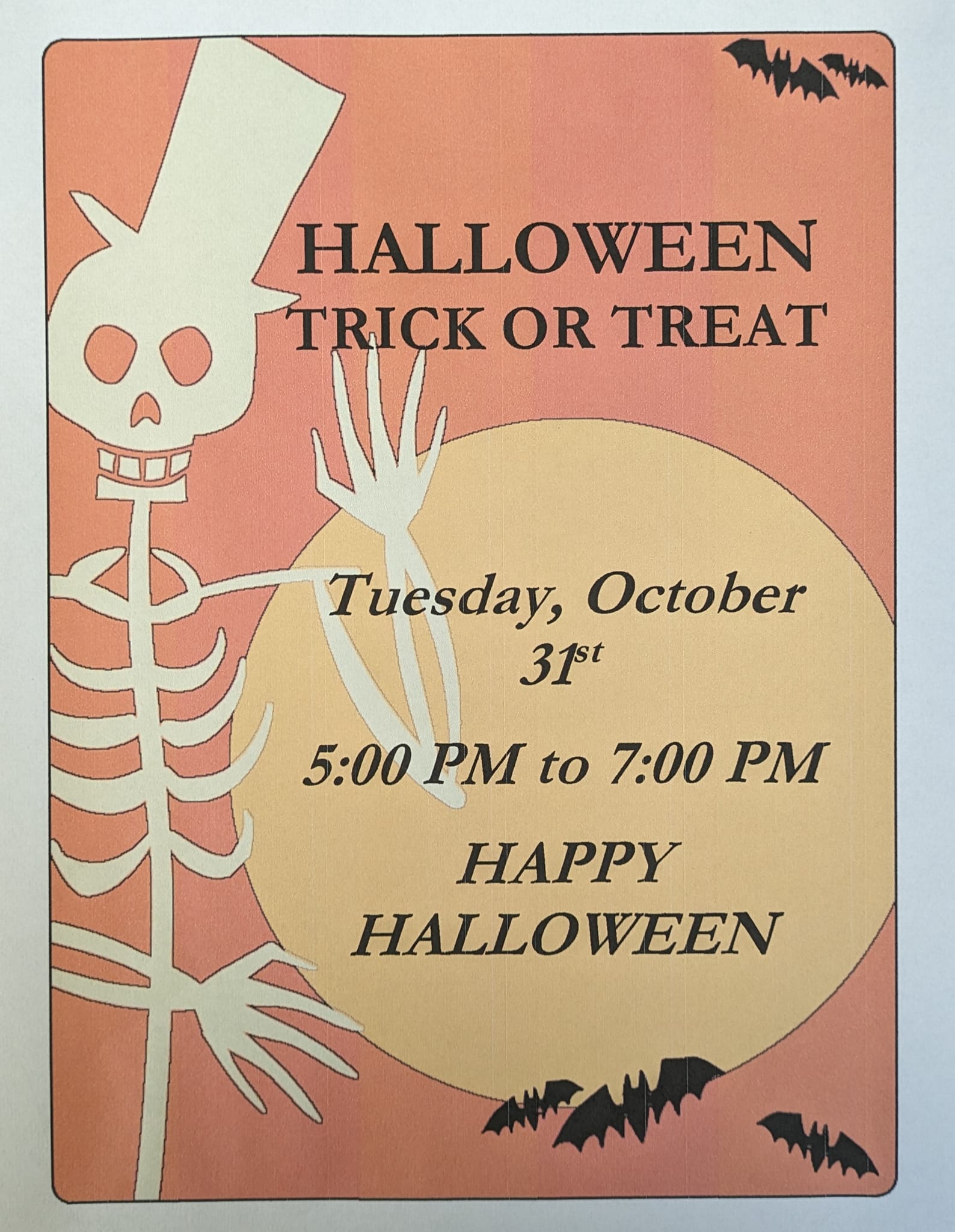 orange poster with skeleton and the text Halloween trick or treat Tuesday October 31st 5-7pm Happy Halloween