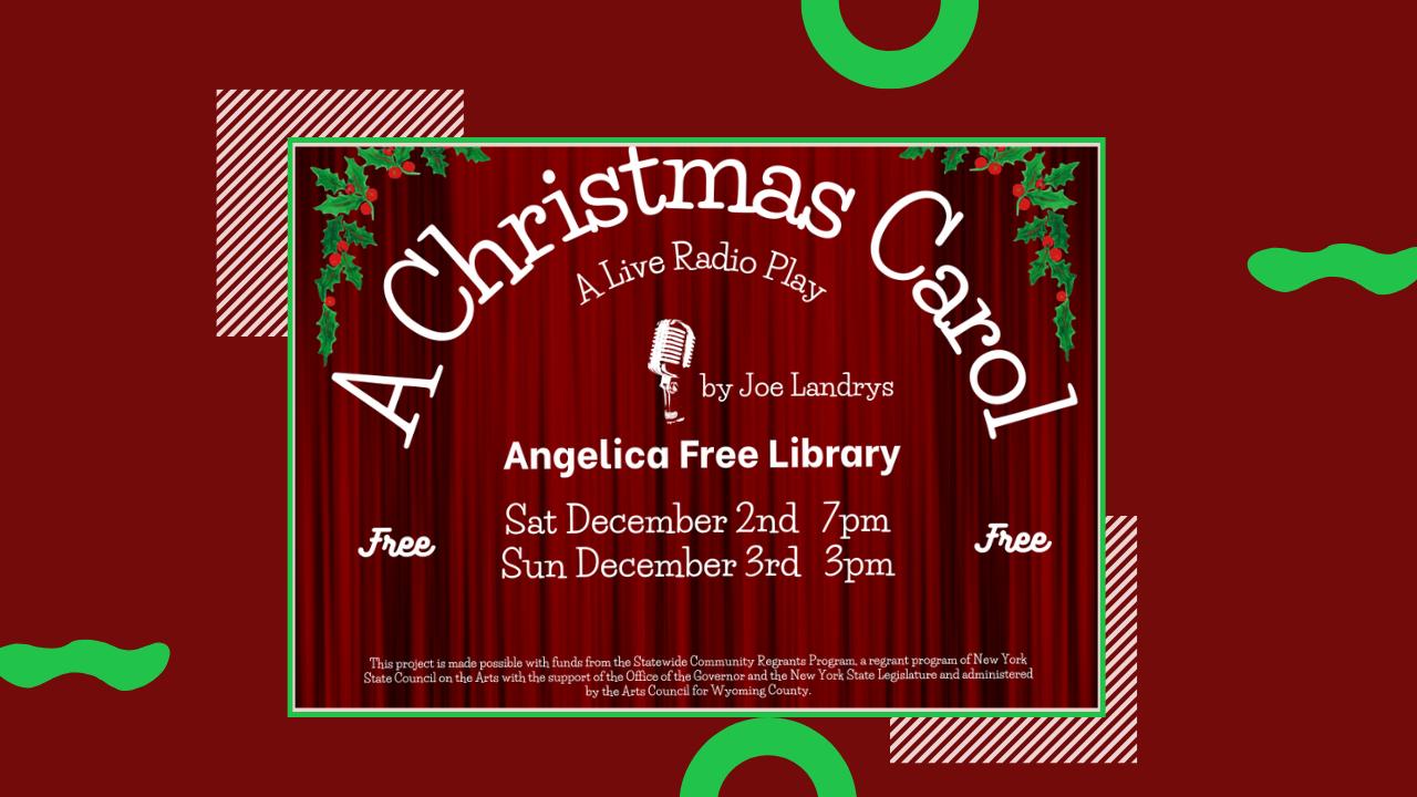 Red and green banner entitled A Christmas Carol: A Live Radio Play